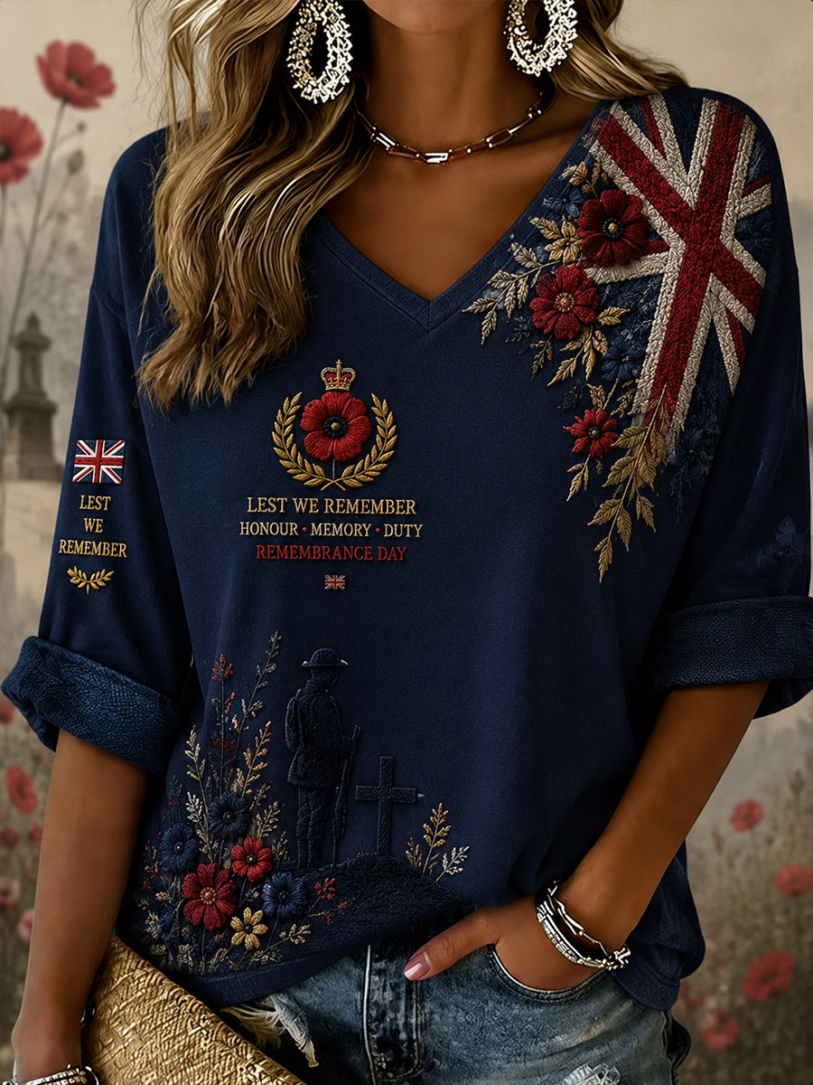 Women's Remembrance Day Print V-Neck Long-Sleeve Top