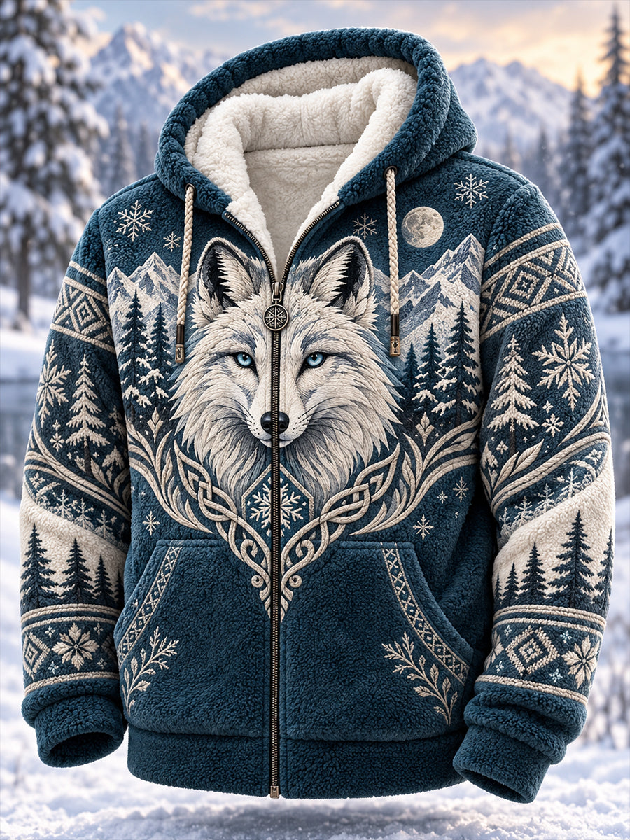 Men's Nordic Forest Animals Fleece-Lined Hooded Jacket