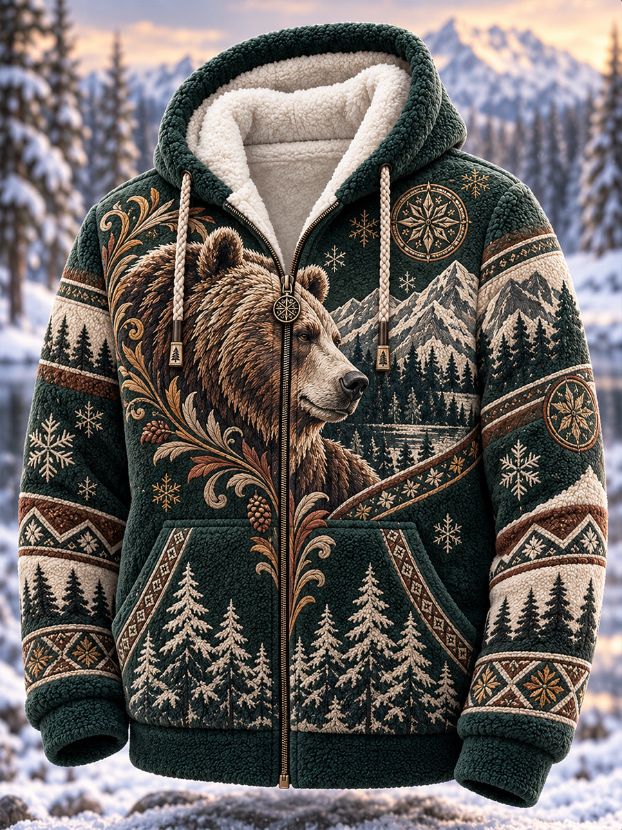 Men's Nordic Forest Animals Fleece-Lined Hooded Jacket