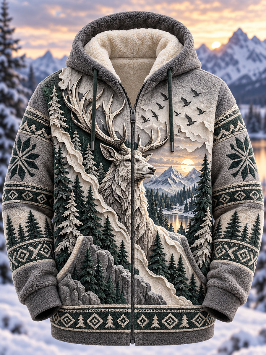 Men's Nordic Forest Animals Flannel Hooded Jacket