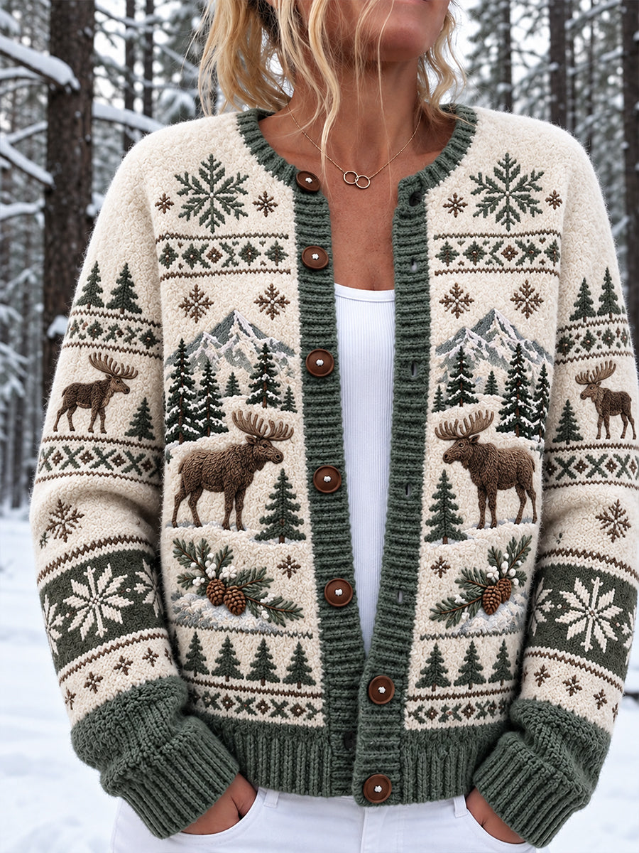 Women's Nordic Forest Animals Print Button Cardigan