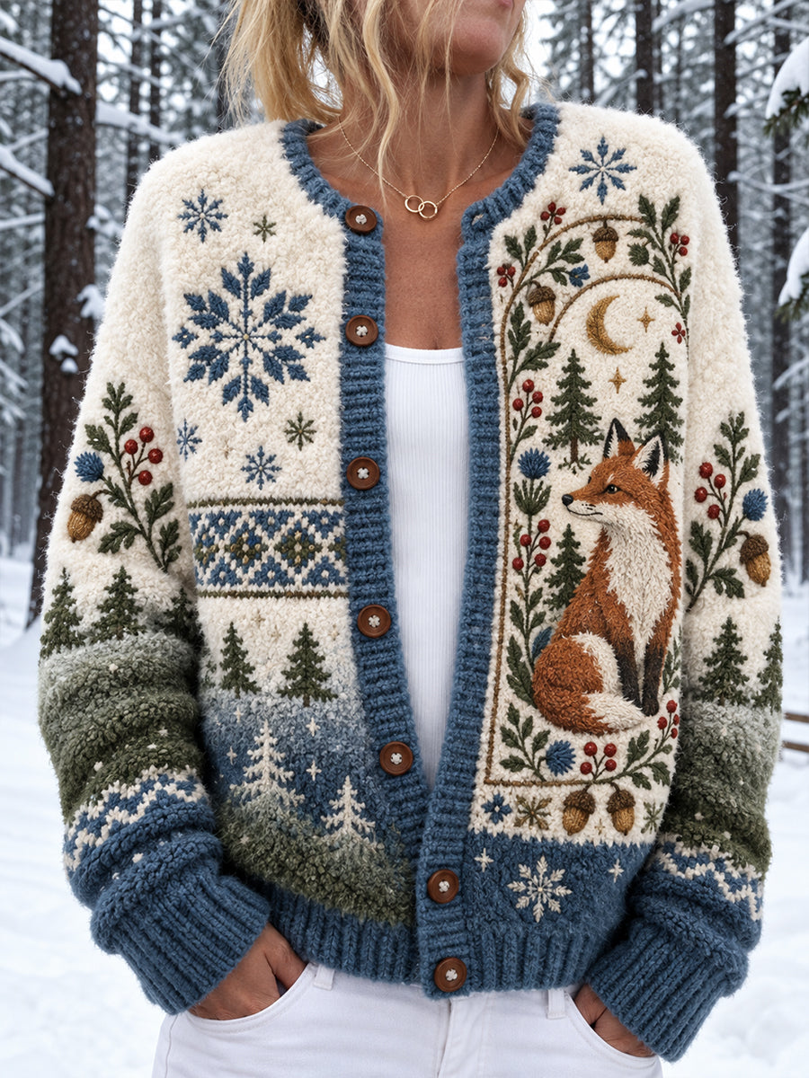 Women's Nordic Forest Animals Print Button Cardigan