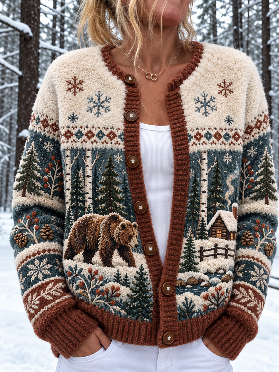 Women's Nordic Forest Animals Print Button Cardigan