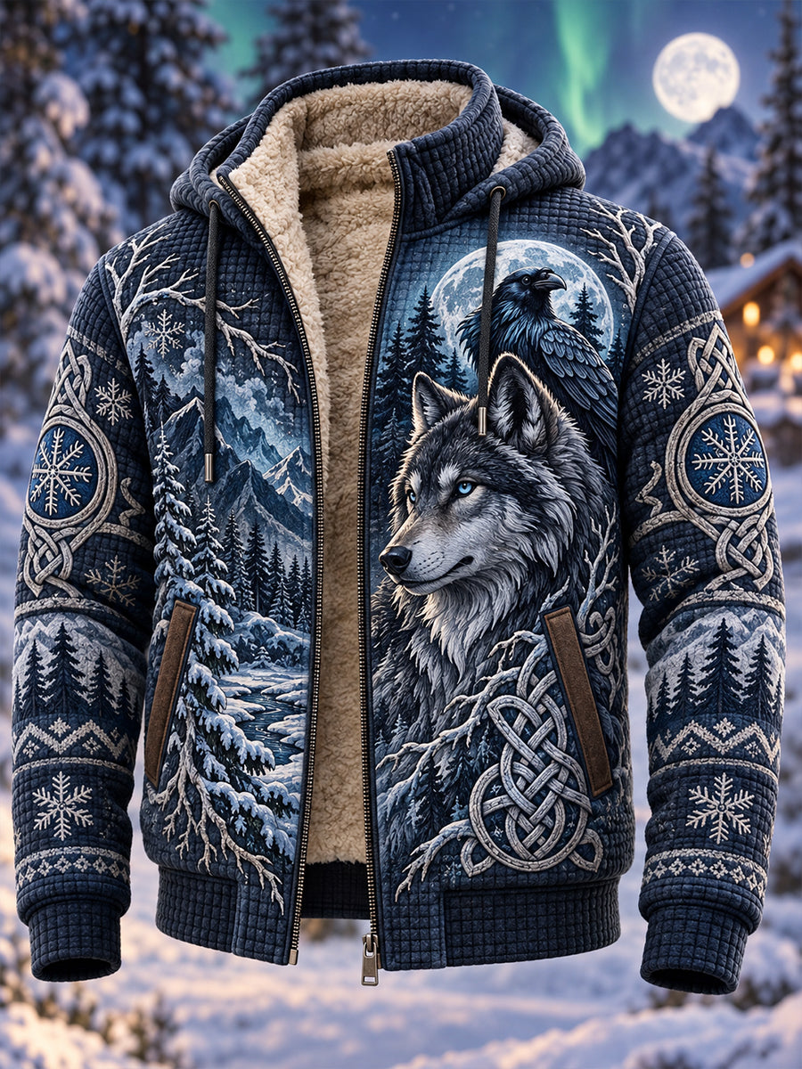 Men's Nordic Forest Animal Fleece-Lined Hooded Jacket