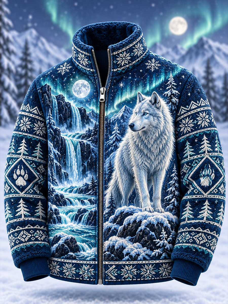 Men's Nordic Forest Animal Print Fleece-Lined Stand-Collar Zip-Up Jacket