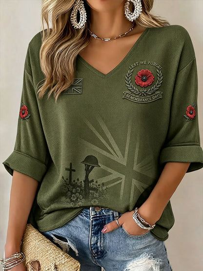 Women's Lest We Forget Print Mid-length Sleeves V-Neck T-Shirt