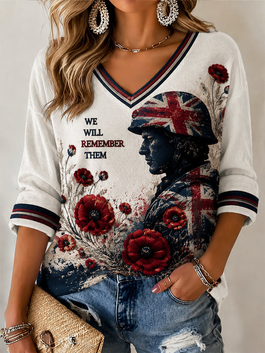 Women's Lest We Forget Printed Mid-length Sleeves V-neck T-shirt