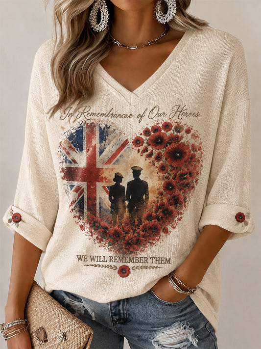Women's Lest We Forget Printed Mid-length Sleeves V-neck T-shirt