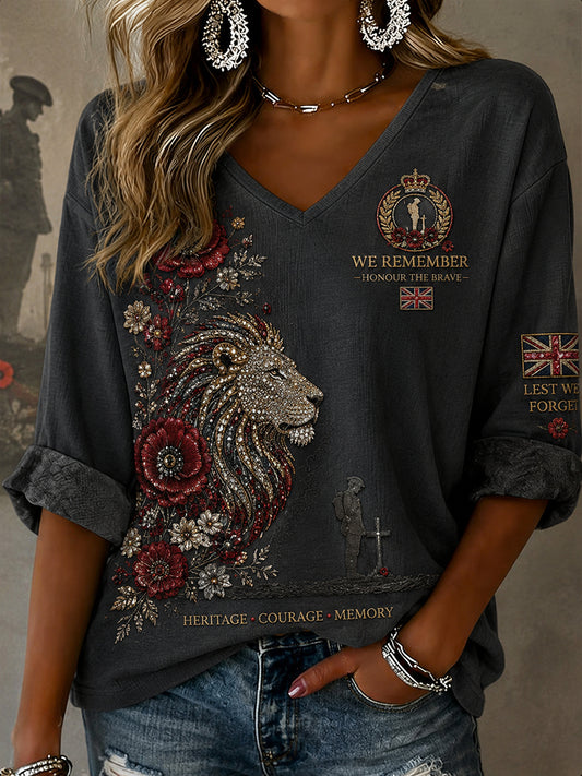 Women's Remembrance Day Print V-Neck Long-Sleeve Top