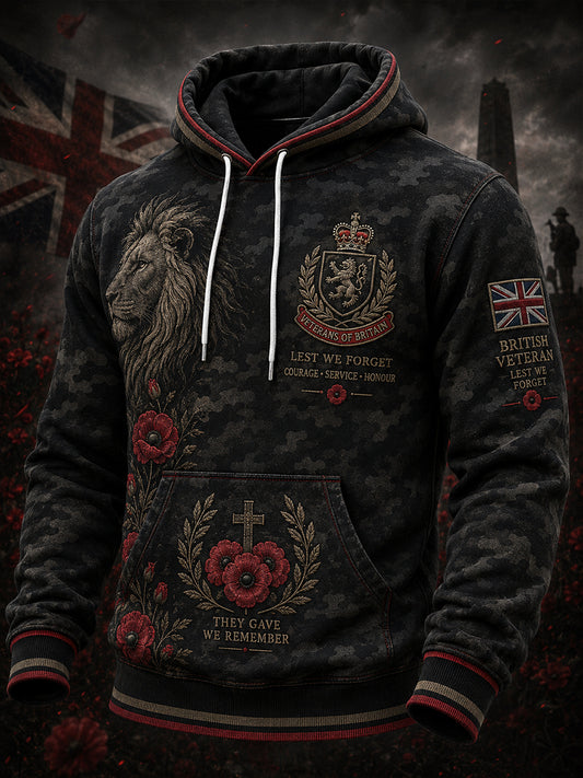 Men's Vintage-Style Long-Sleeve Hooded Sweatshirt With Veteran Commemorative Camouflage Print