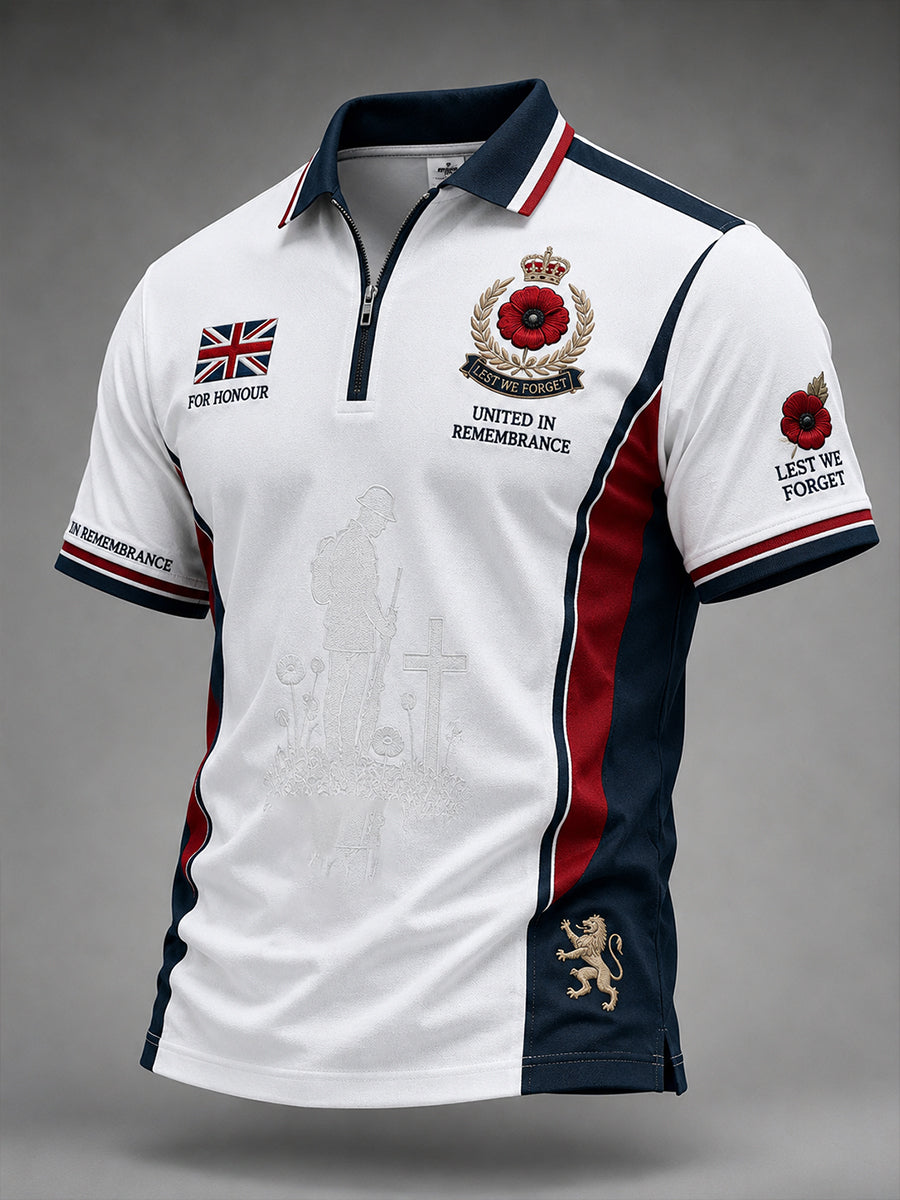 Men's Short-Sleeve Zip-Front Polo Shirt With Remembrance Day Themed Print