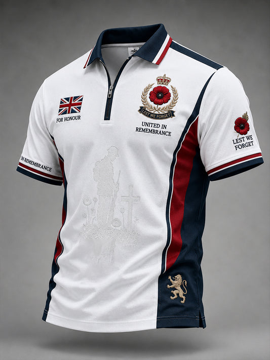 Men's Short-Sleeve Zip-Front Polo Shirt With Remembrance Day Themed Print