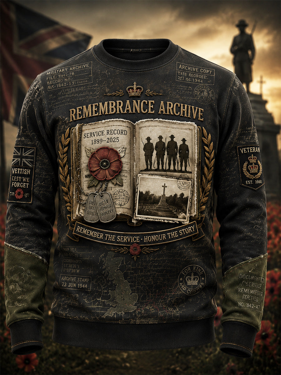 Men's Retro Veterans' Memorial Print Crew-Neck Sweatshirt