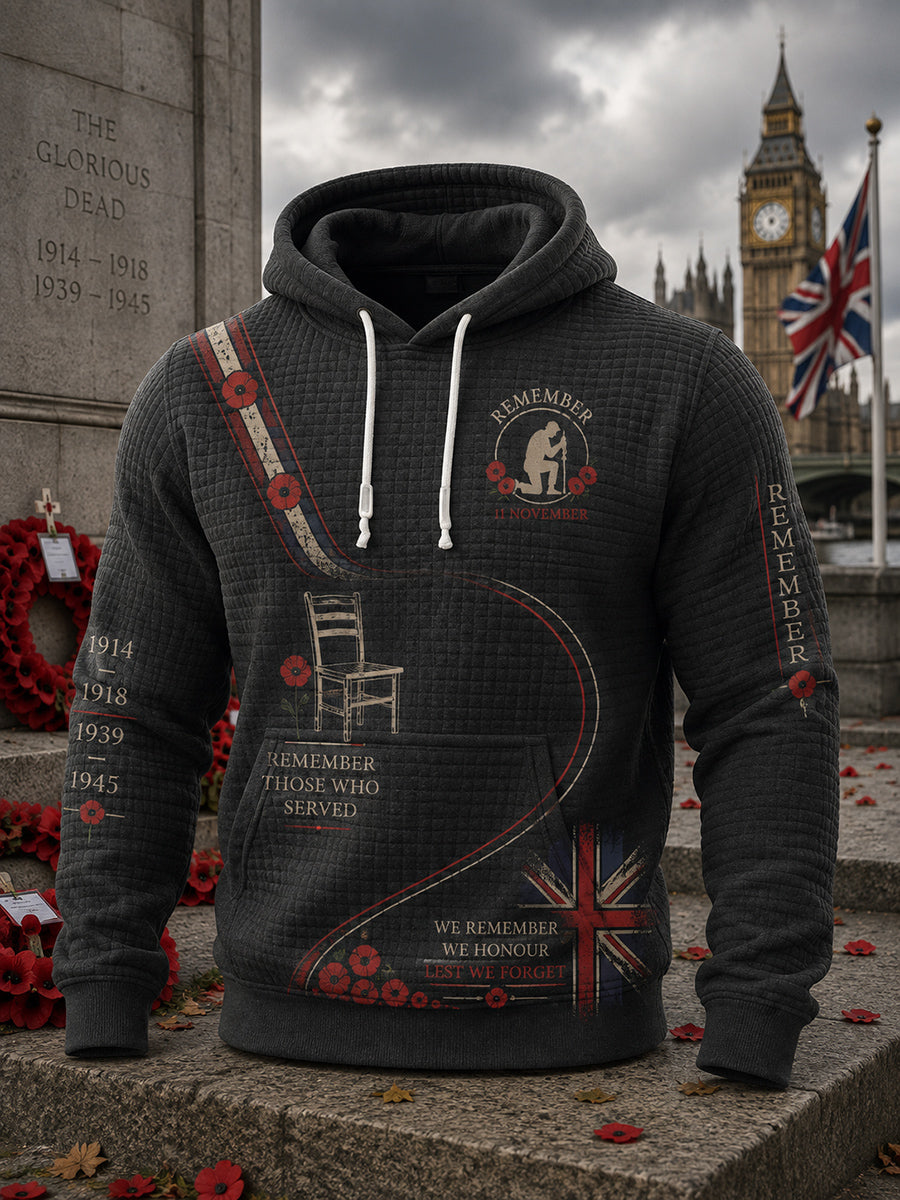 Men's British Rememberance Day-Themed Printed Checkered Cotton Hoodie