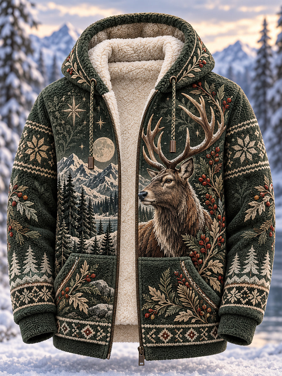 Men's Nordic Forest Animals Fleece-Lined Hooded Jacket