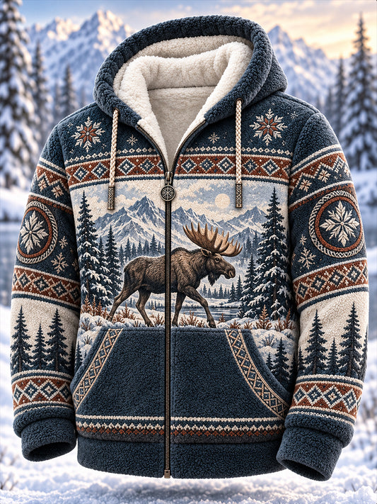 Men's Nordic Forest Animals Fleece-Lined Hooded Jacket