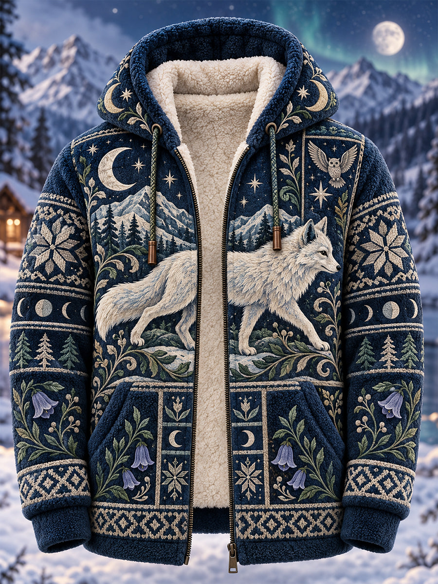 Men's Nordic Forest Animals Fleece-Lined Hooded Jacket