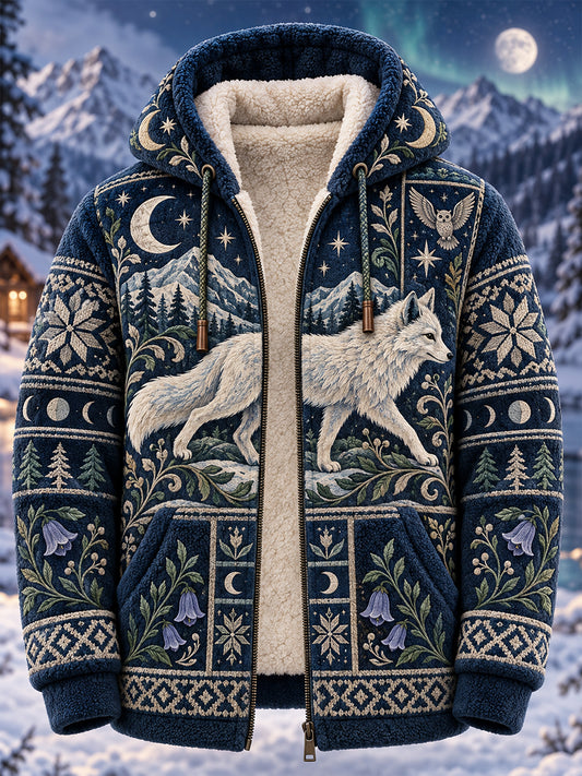 Men's Nordic Forest Animals Fleece-Lined Hooded Jacket