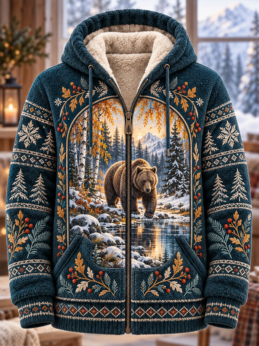 Men's Nordic Forest Animals Flannel Hooded Jacket