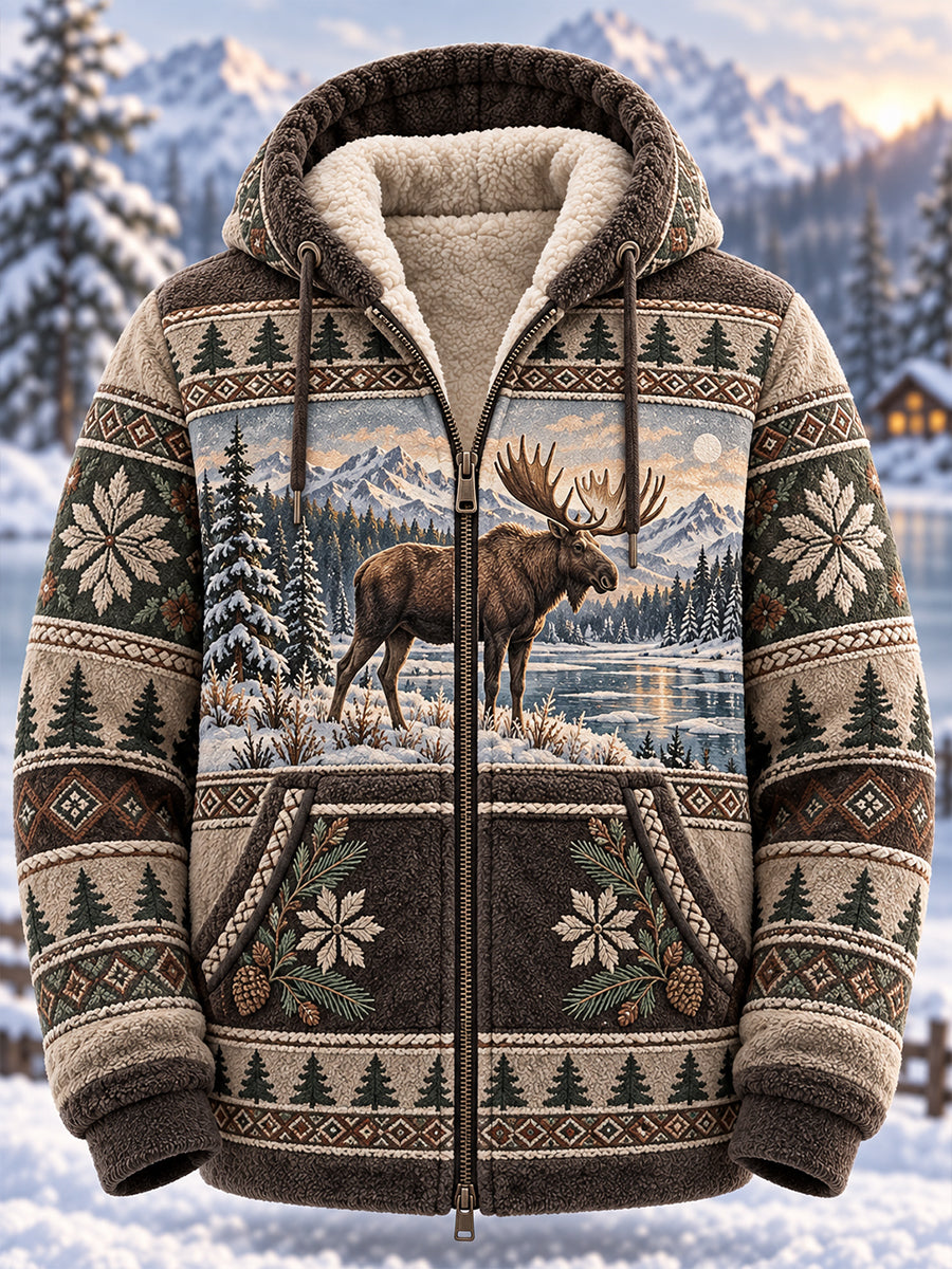 Men's Nordic Forest Animals Flannel Hooded Jacket