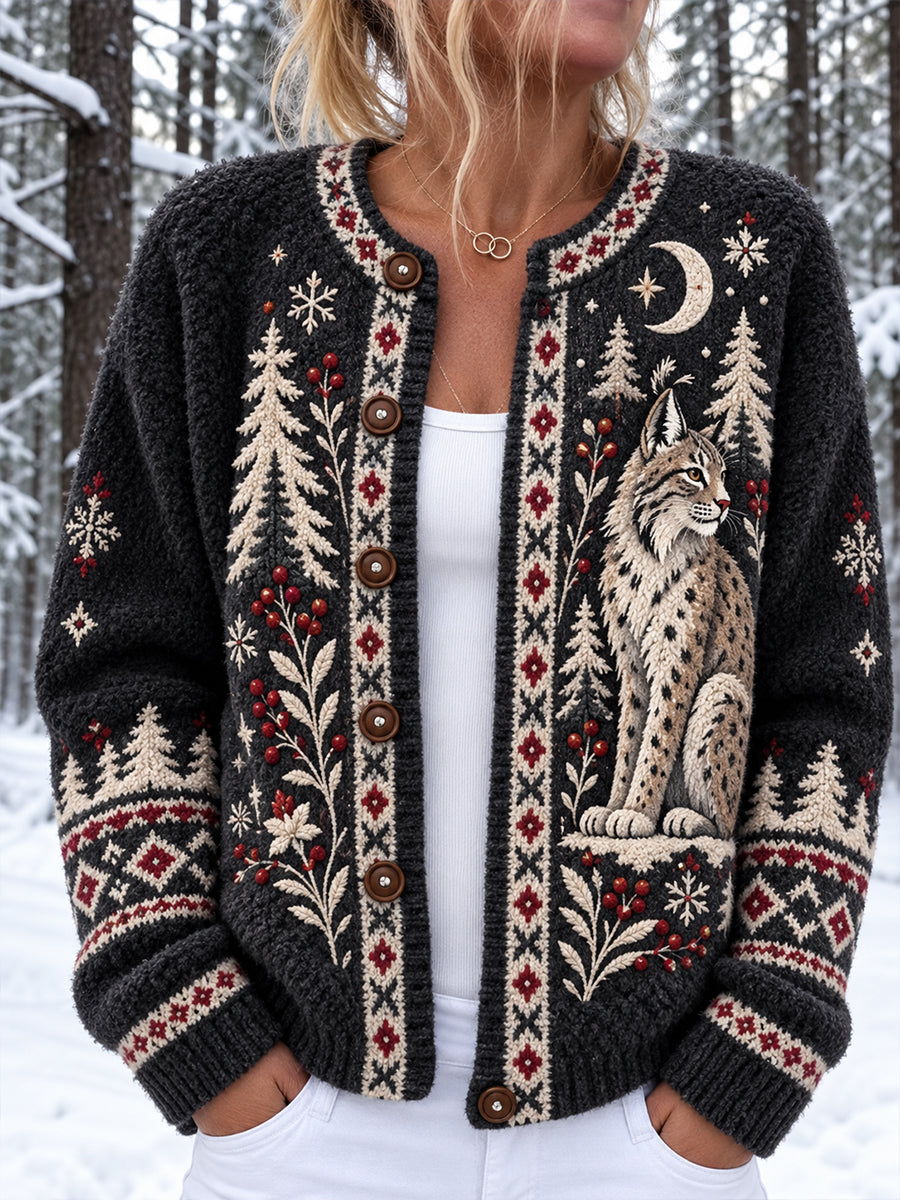 Women's Nordic Forest Animals  Print Button Cardigan