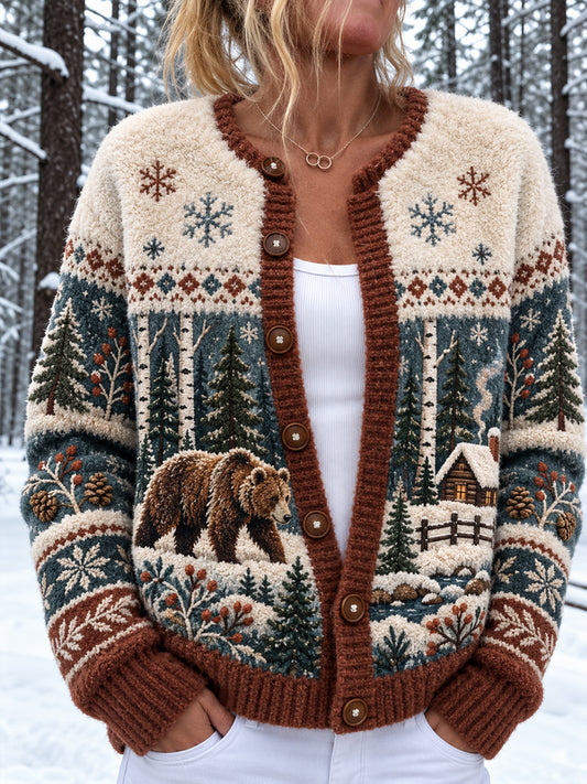 Women's Nordic Forest Animals  Print Button Cardigan