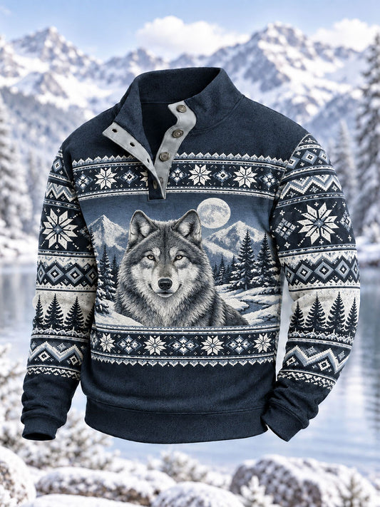 Men's Winter Wolf Print Casual Pullover