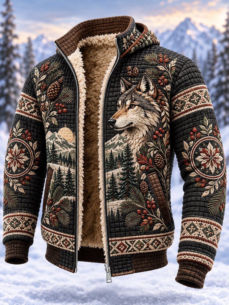 Men's Nordic Forest Animal Fleece-Lined Hooded Jacket