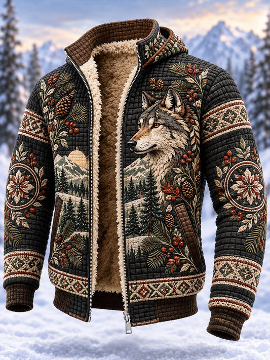 Men's Nordic Forest Animal Fleece-Lined Hooded Jacket