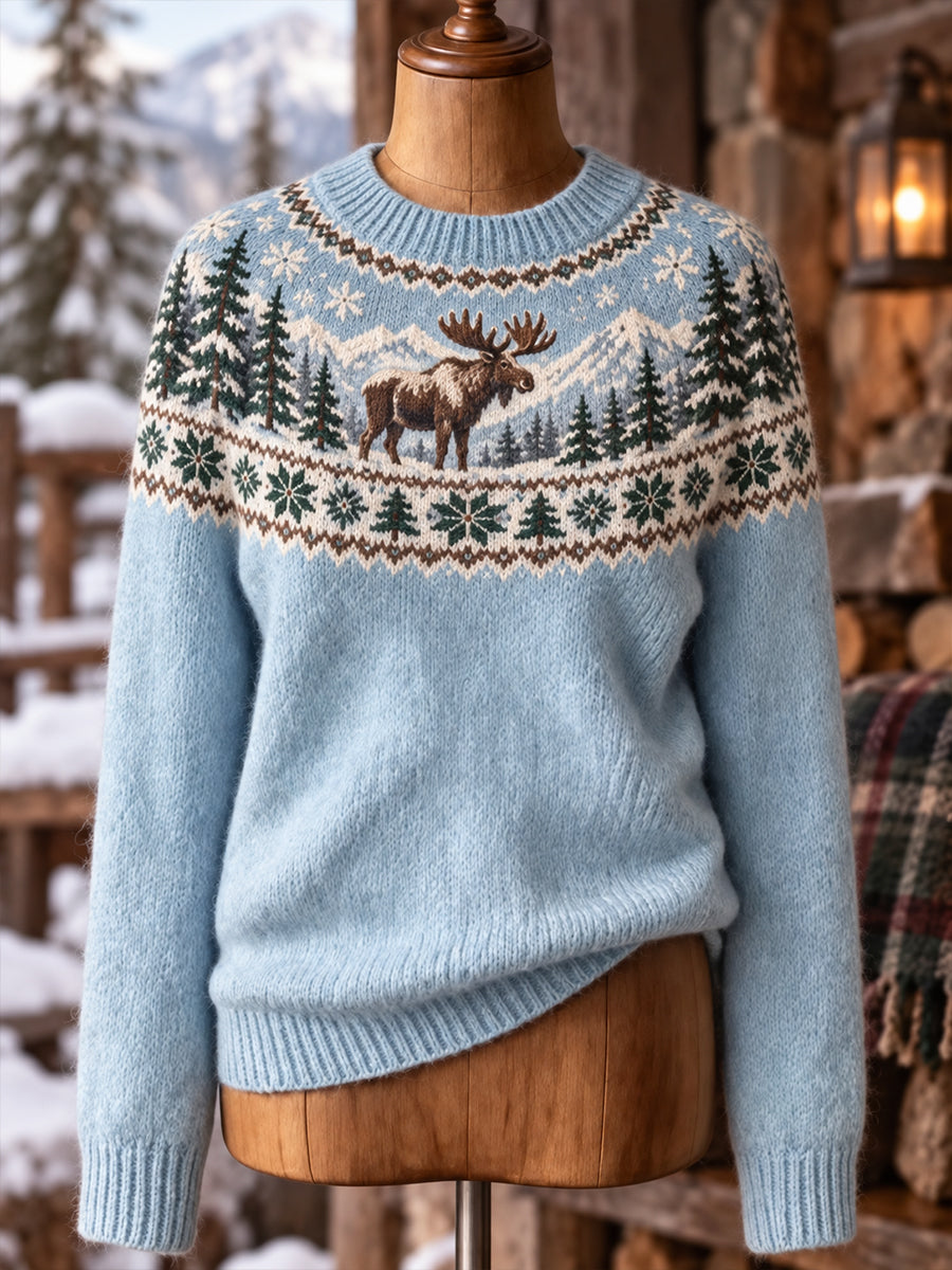 Women's Nordic Animal-Pattern Crew-Neck Long-Sleeve Knit Sweater