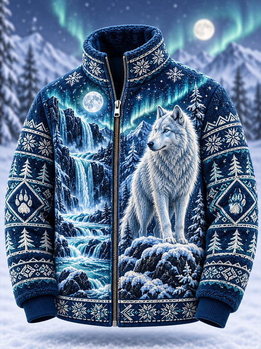 Men's Nordic Forest Animal Print Fleece-Lined Stand-Collar Zip-Up Jacket