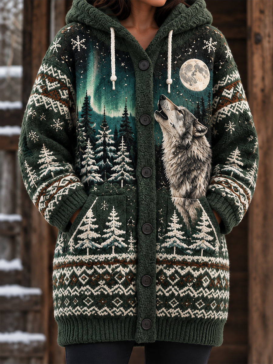 Women's Nordic Animal-Pattern  Mid-Length Hooded Jacket