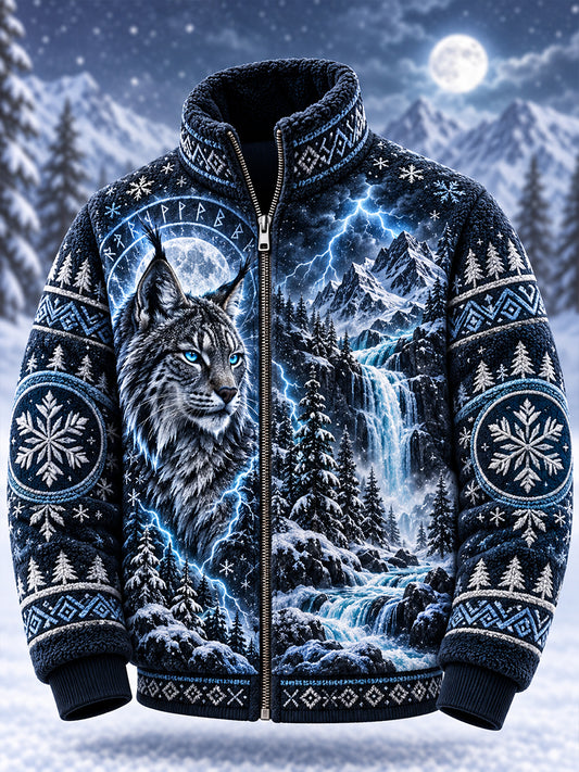 Men's Nordic Forest Animal Print Fleece-Lined Stand-Collar Zip-Up Jacket