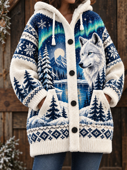 Women's Nordic Animal-Pattern  Mid-Length Hooded Jacket