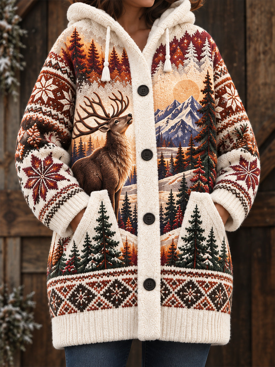 Women's Nordic Animal-Pattern  Mid-Length Hooded Jacket