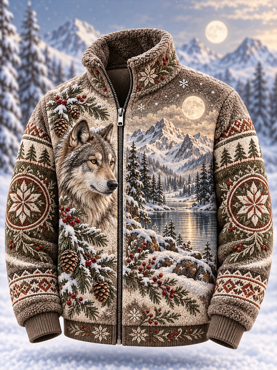 Men's Nordic Forest Animal Print Fleece-Lined Stand-Collar Zip-Up Jacket