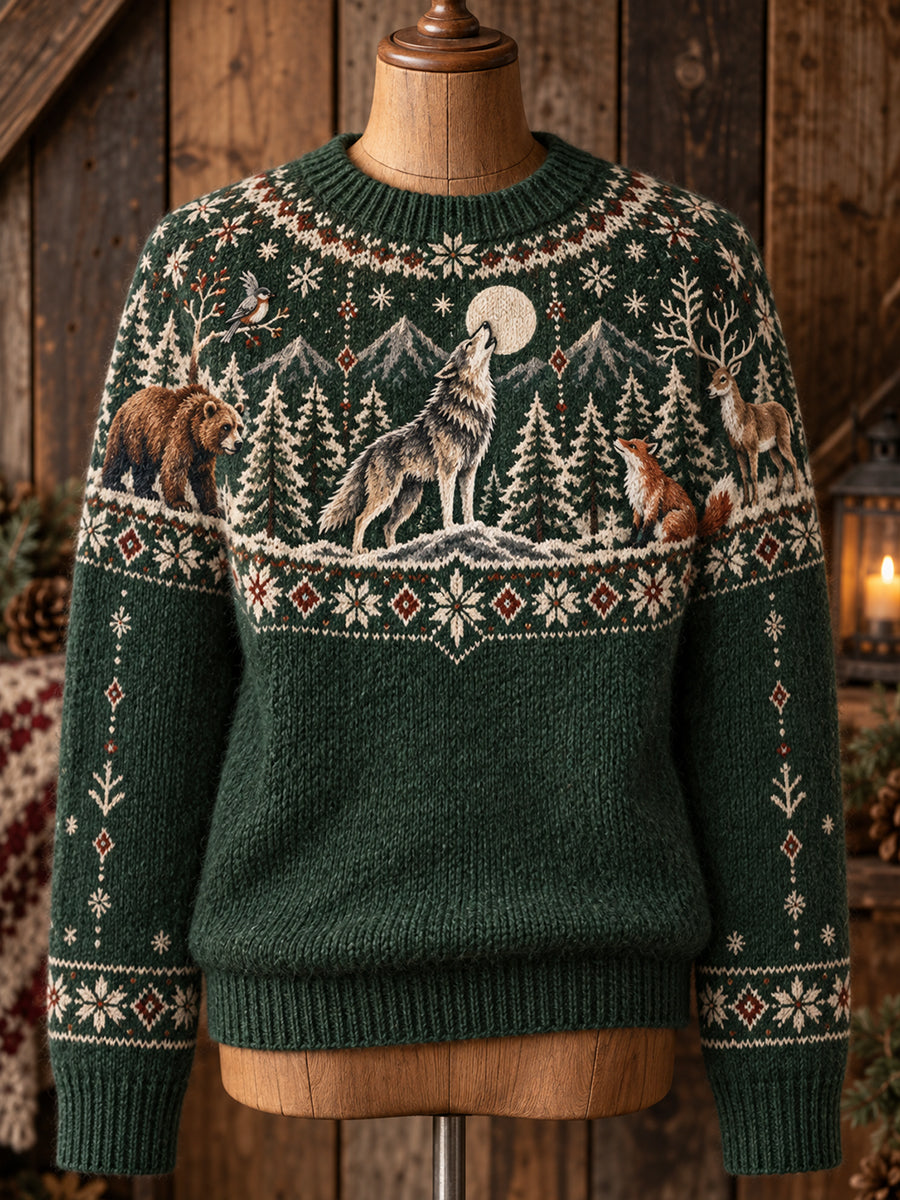 Women's Nordic Animal-Pattern Crew-Neck Long-Sleeve Knit Sweatert