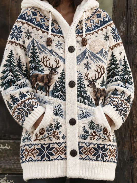 Women's Nordic Animal-Pattern  Mid-Length Hooded Jacket