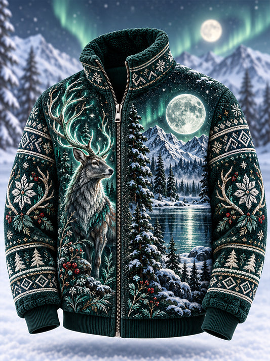 Men's Nordic Forest Animal Print Fleece-Lined Stand-Collar Zip-Up Jacket